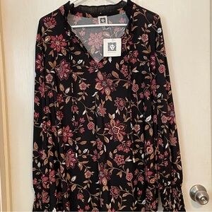 Anne Klein Women’s Blouse‎ Size 3X Black W/ Flowers Grannycore Boho chianti rose
